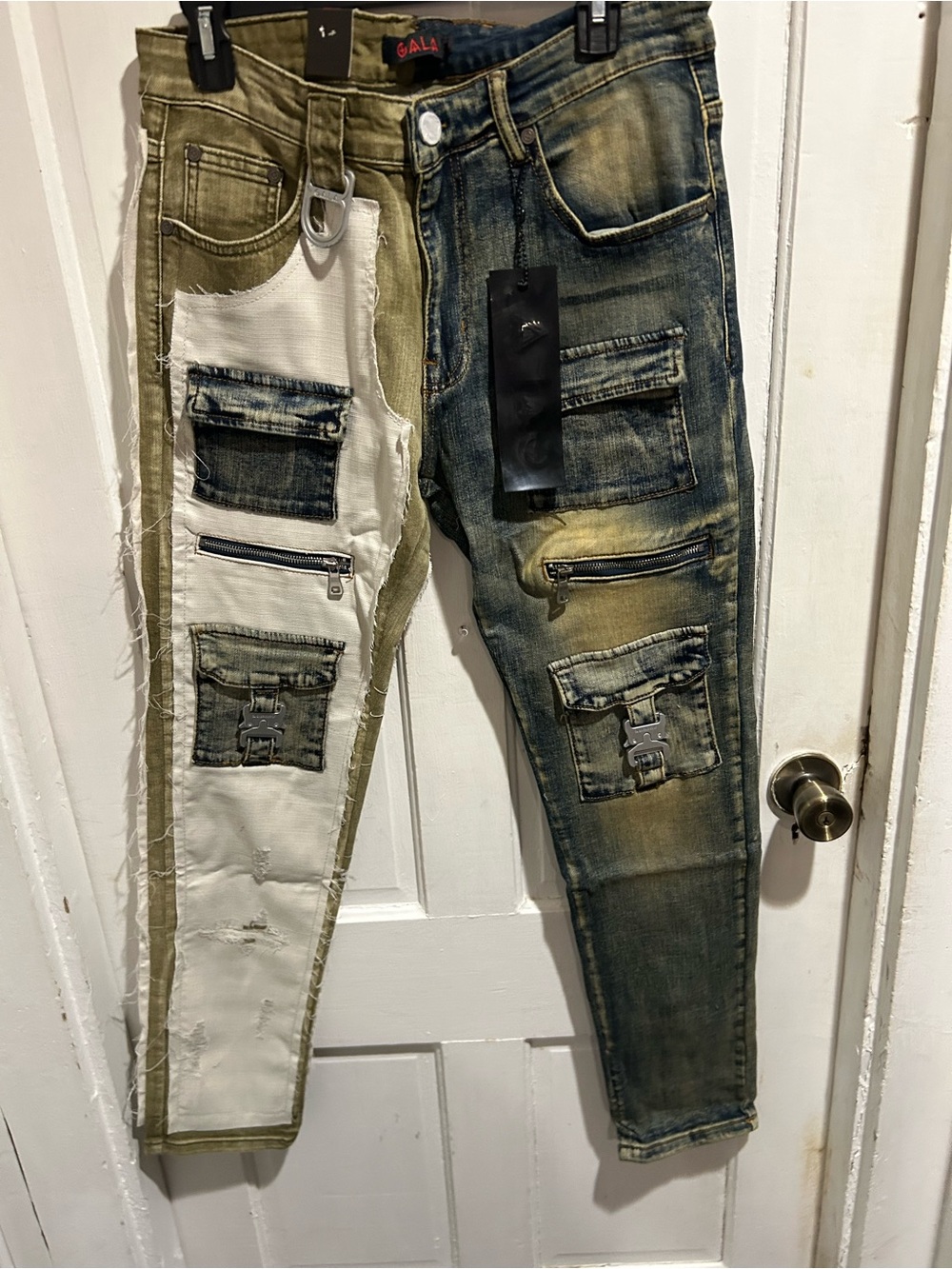 Distressed Olive Green Jeans with White Interior and Logo Tag